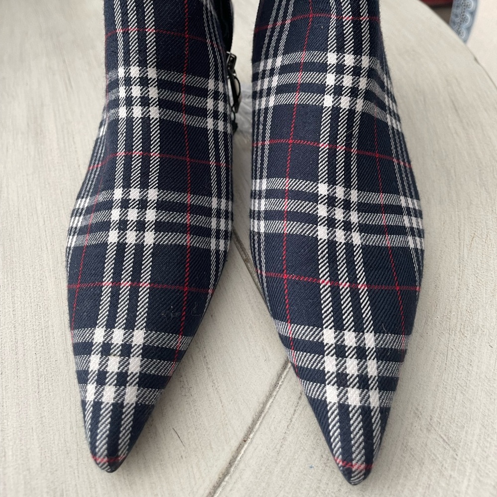 Zara dark navy blue white red plaid check ankle boots Sz 38